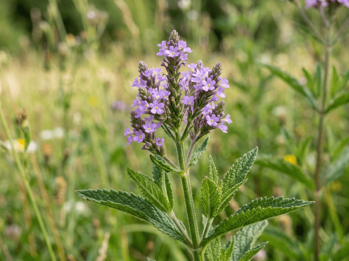 Verveine officinale — gros plan sur feuilles et fleurs