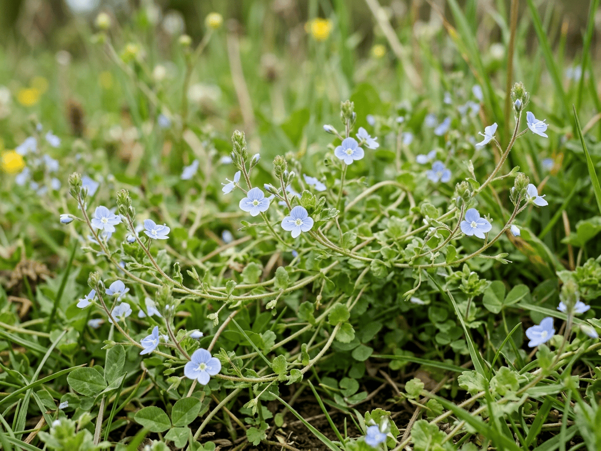 Veronica filiforme — primo piano di foglie e fiori