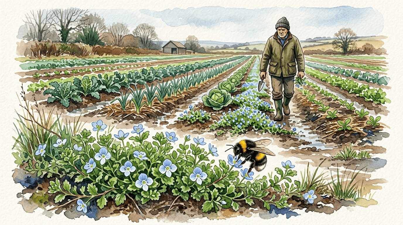 Illustrated historical scene for Bird's-Eye Speedwell