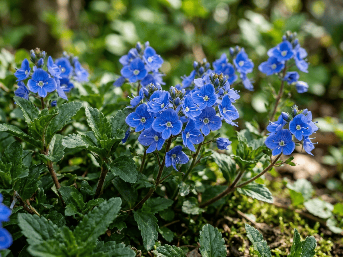 Kriechender Ehrenpreis — Nahaufnahme von Blättern und Blüten
