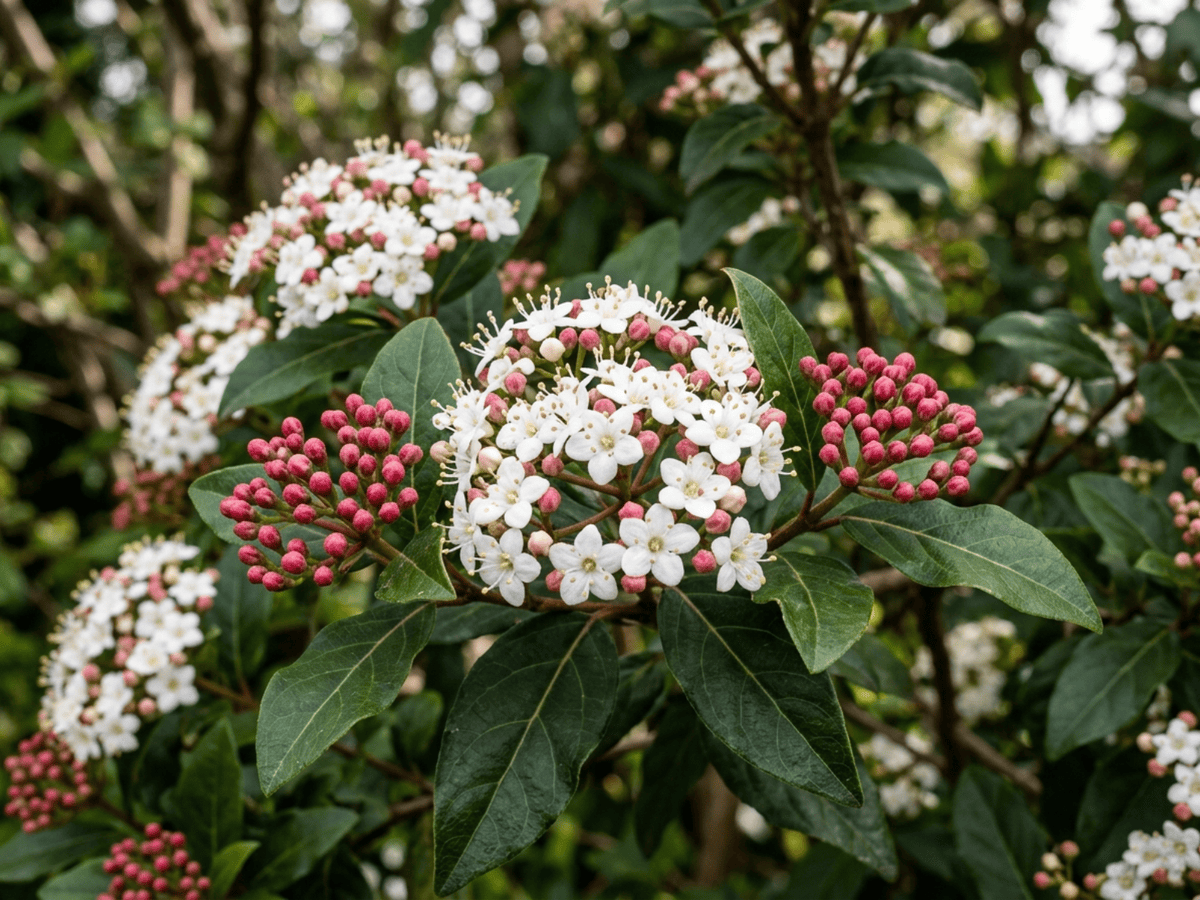 Laurustinus Viburnum — close-up of leaves and flowers