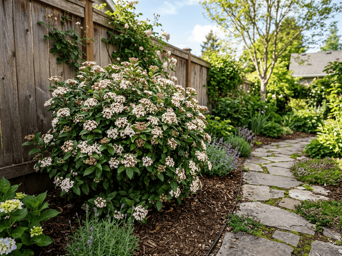 Laurustinus Viburnum in a garden setting
