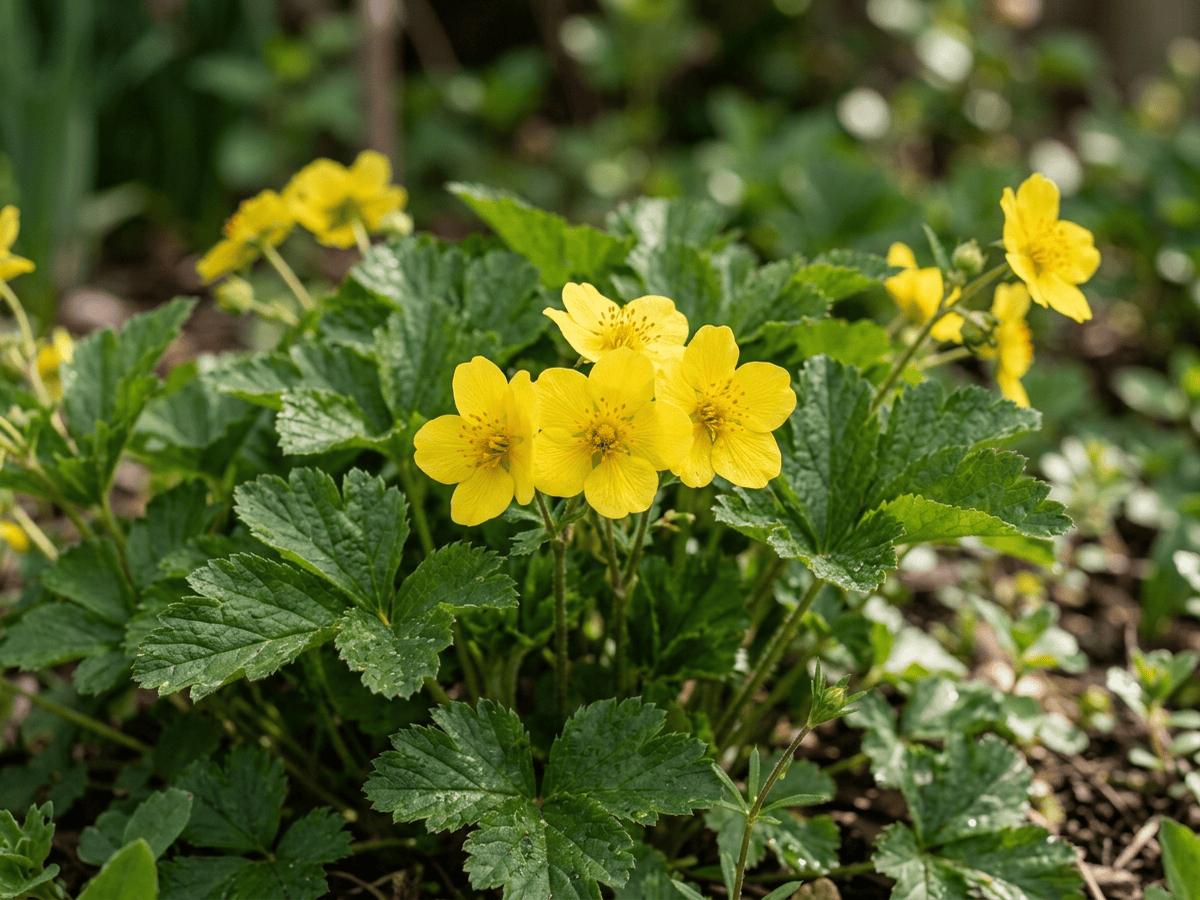 Dreiblättrige Waldsteinie — Nahaufnahme von Blättern und Blüten