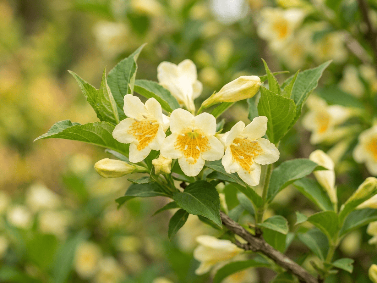 Weigela middendorffiana — close-up of leaves and flowers