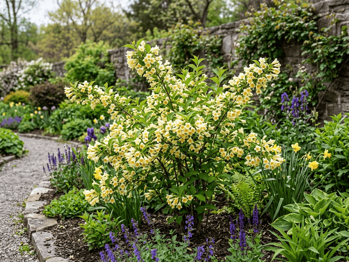 Weigela middendorffiana in a garden setting