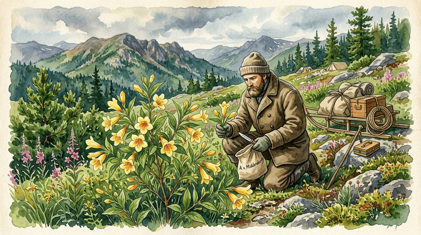 Illustrated historical scene for Weigela middendorffiana