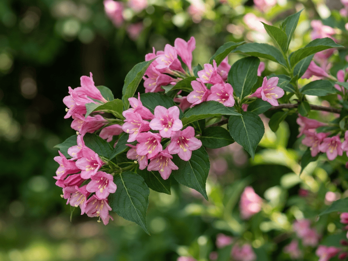 Weigelia precoce — primo piano di foglie e fiori