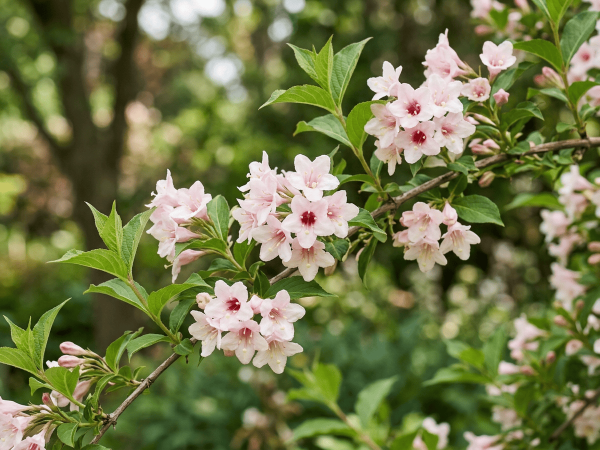 weigela coreana — primer plano de hojas y flores