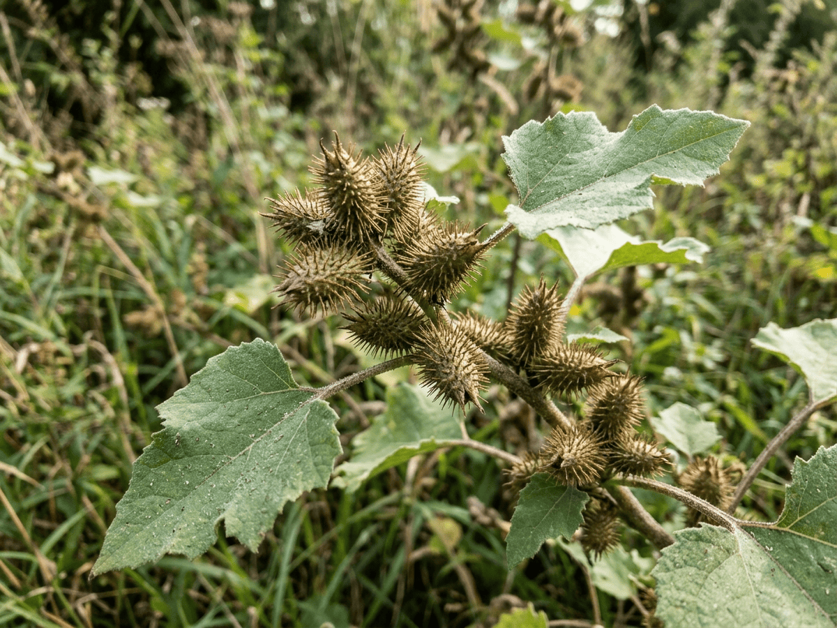 Lampourde glouteron — gros plan sur feuilles et fleurs