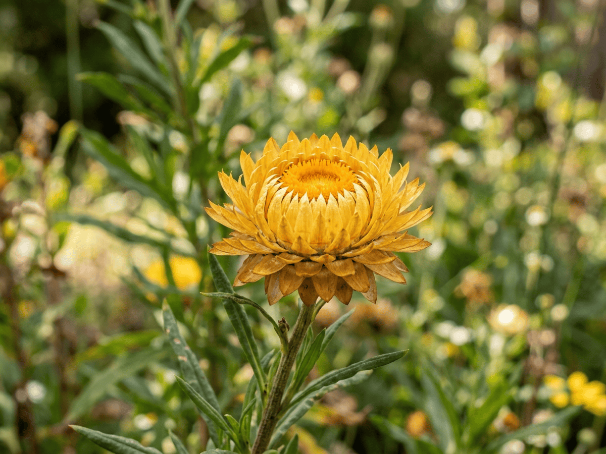 Elicriso bratteato — primo piano di foglie e fiori