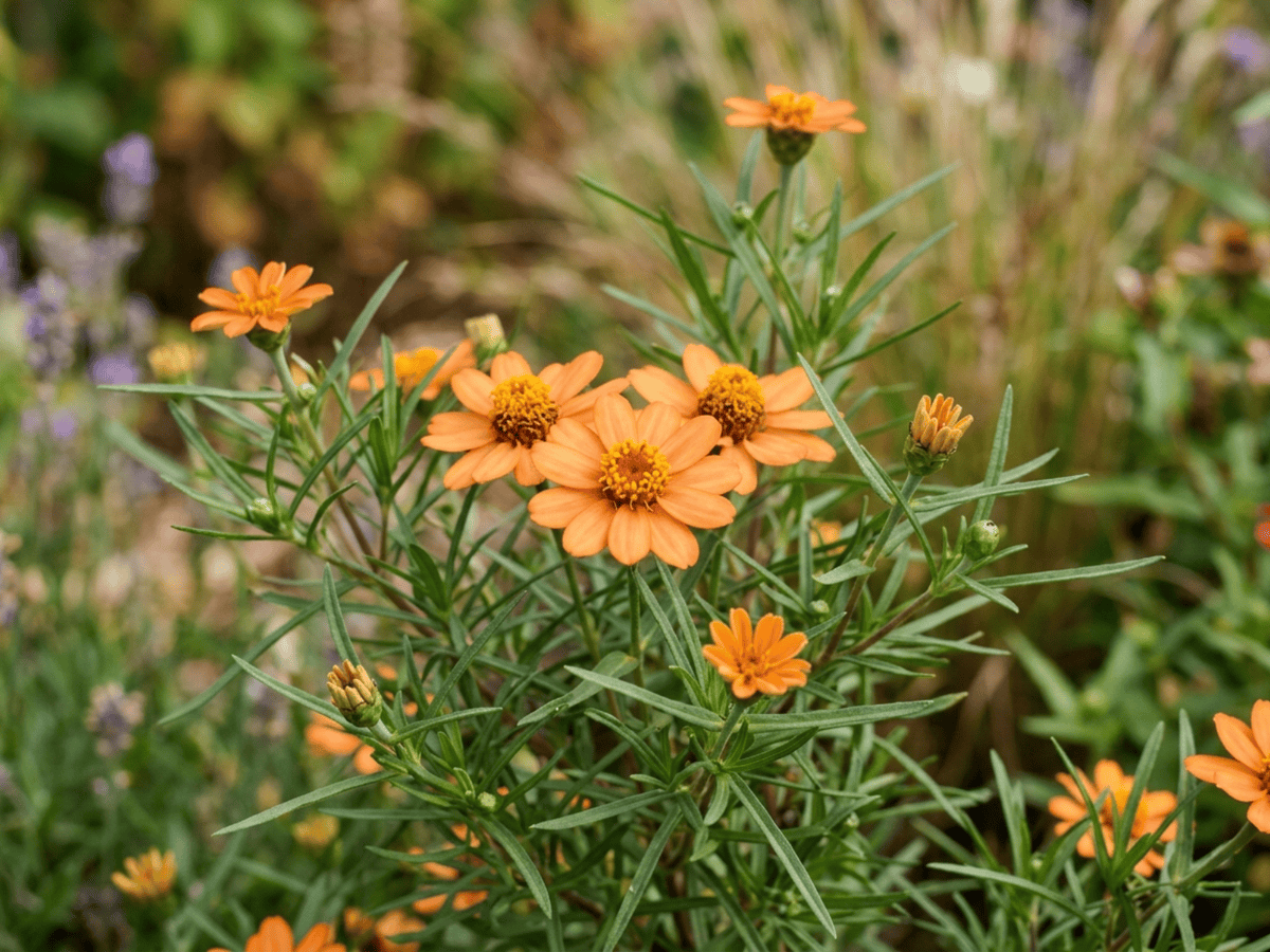 Zinnia a foglie strette — primo piano di foglie e fiori