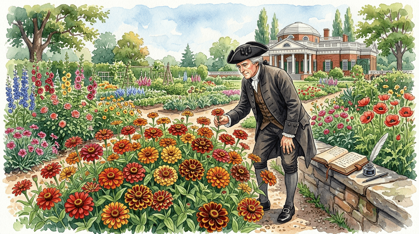 Illustrated historical scene for Mexican Zinnia