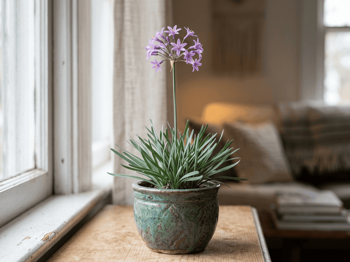 Ajo de sociedad (Tulbaghia violacea), planta completa
