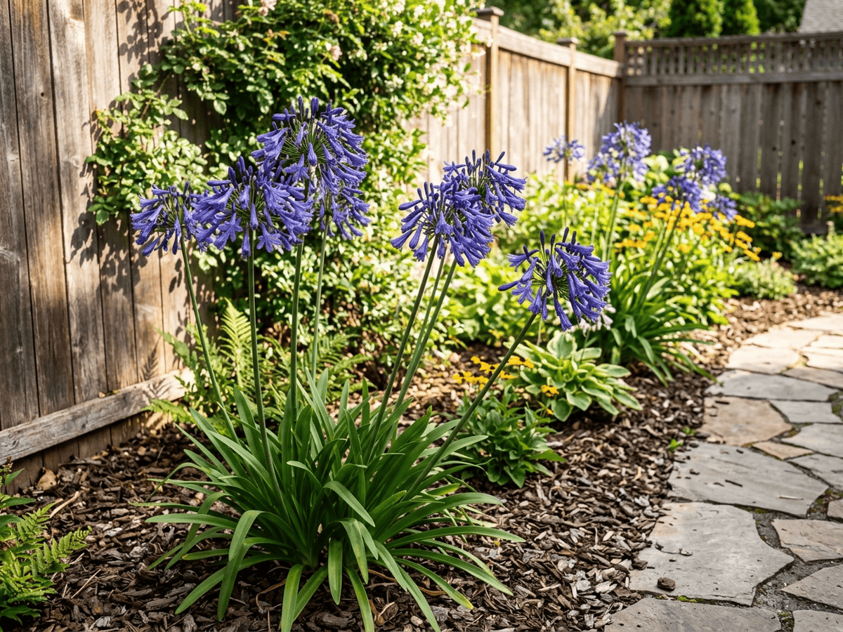 Drooping Agapanthus in a garden setting