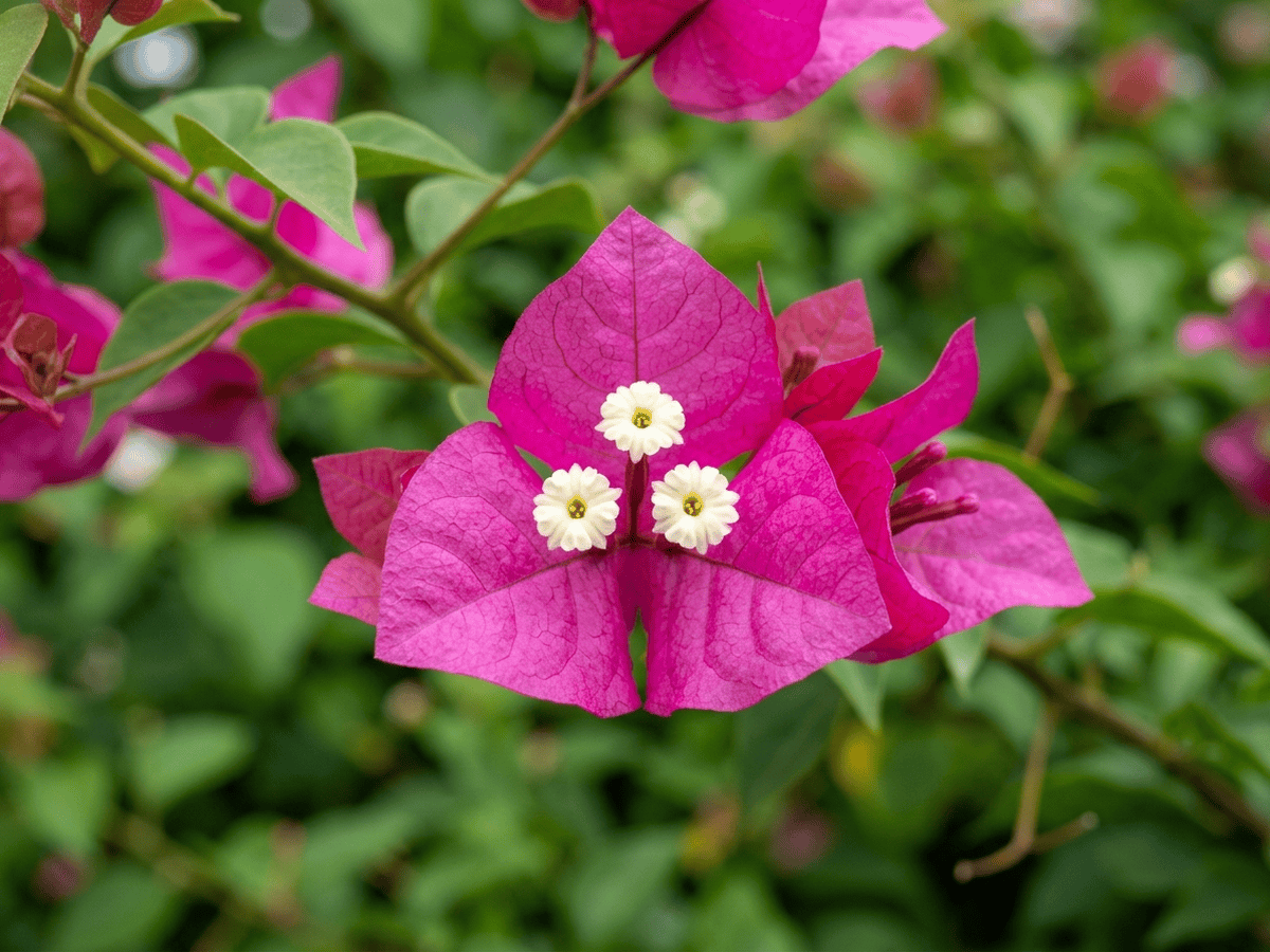 Bougainvillea — Nahaufnahme von Blättern und Blüten