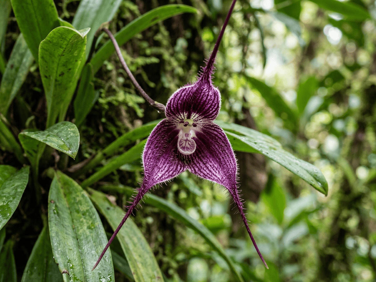 Orchidée Dracula Van Houtte — gros plan sur feuilles et fleurs