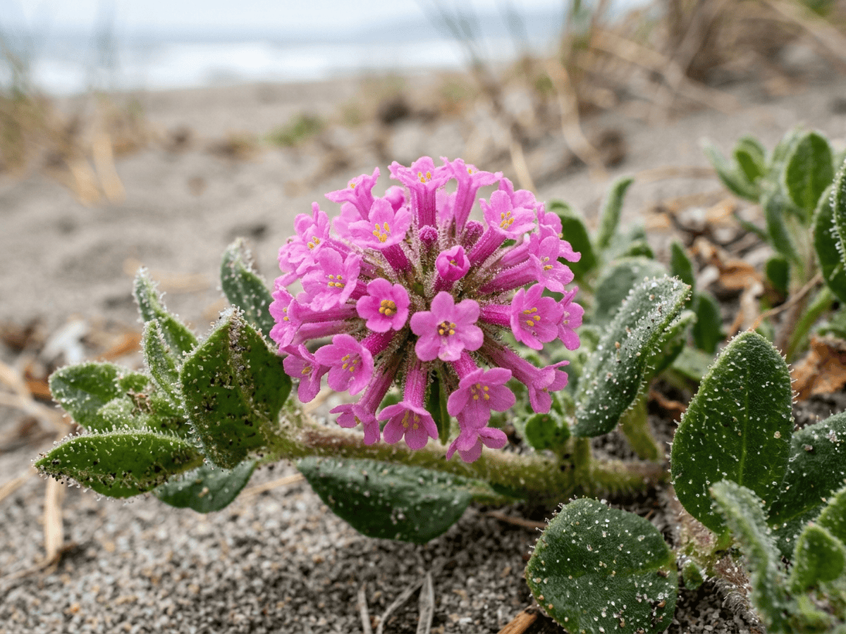 Abronia umbellata — primo piano di foglie e fiori