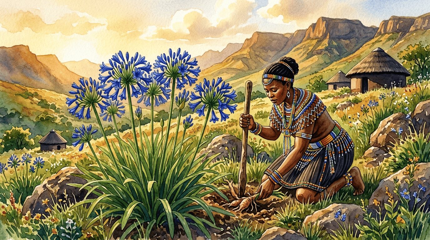 Illustrierte historische Szene zu Glocken-Agapanthus