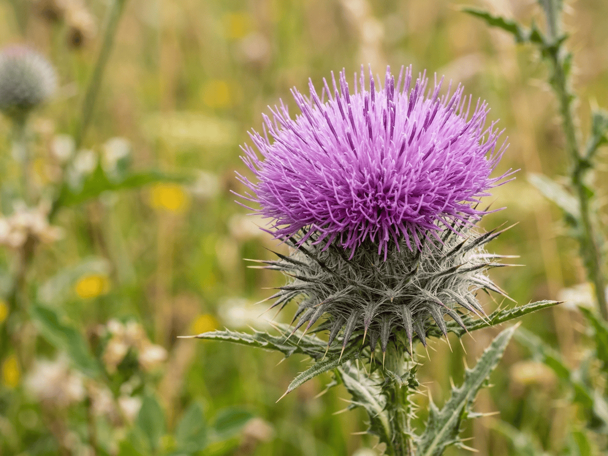 Cardo de la Reina Ana — primer plano de hojas y flores