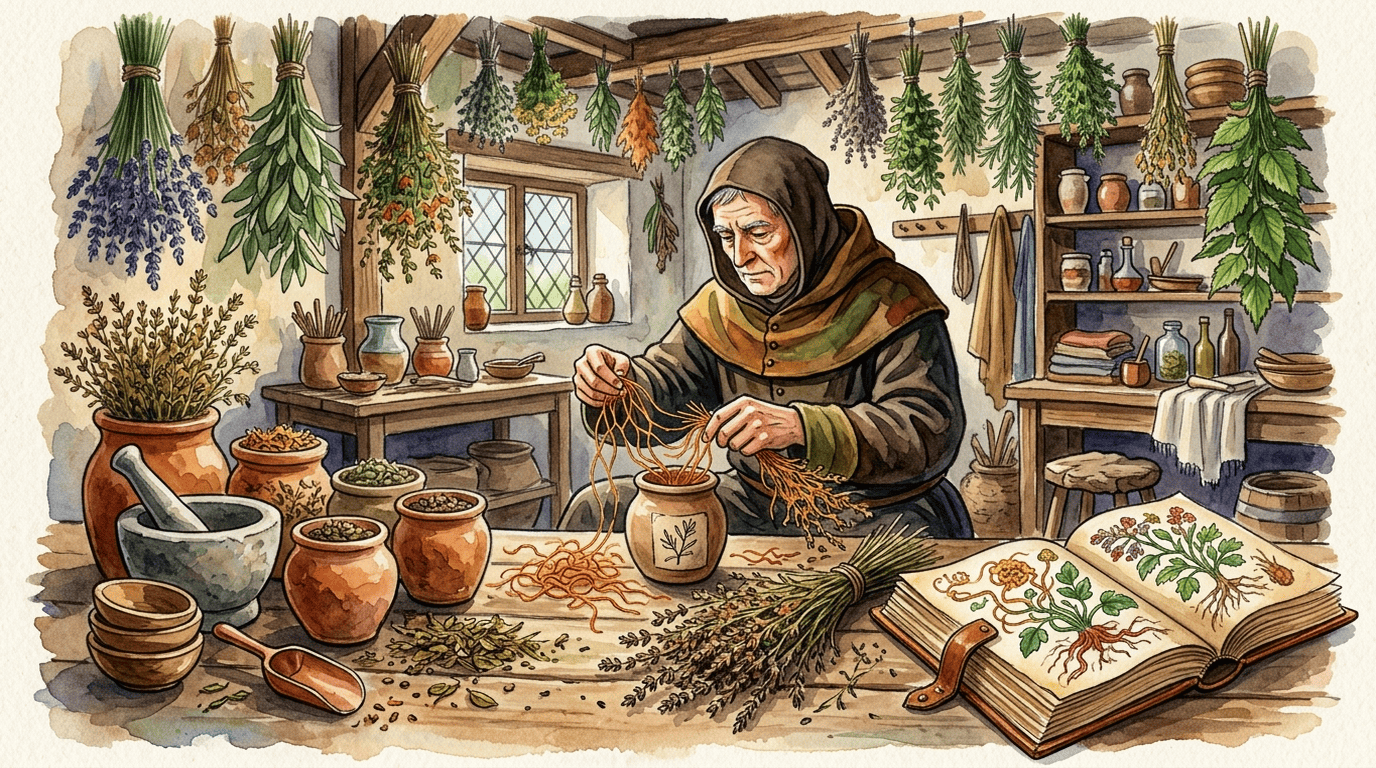 Escena histórica ilustrada de Cuscuta del tomillo