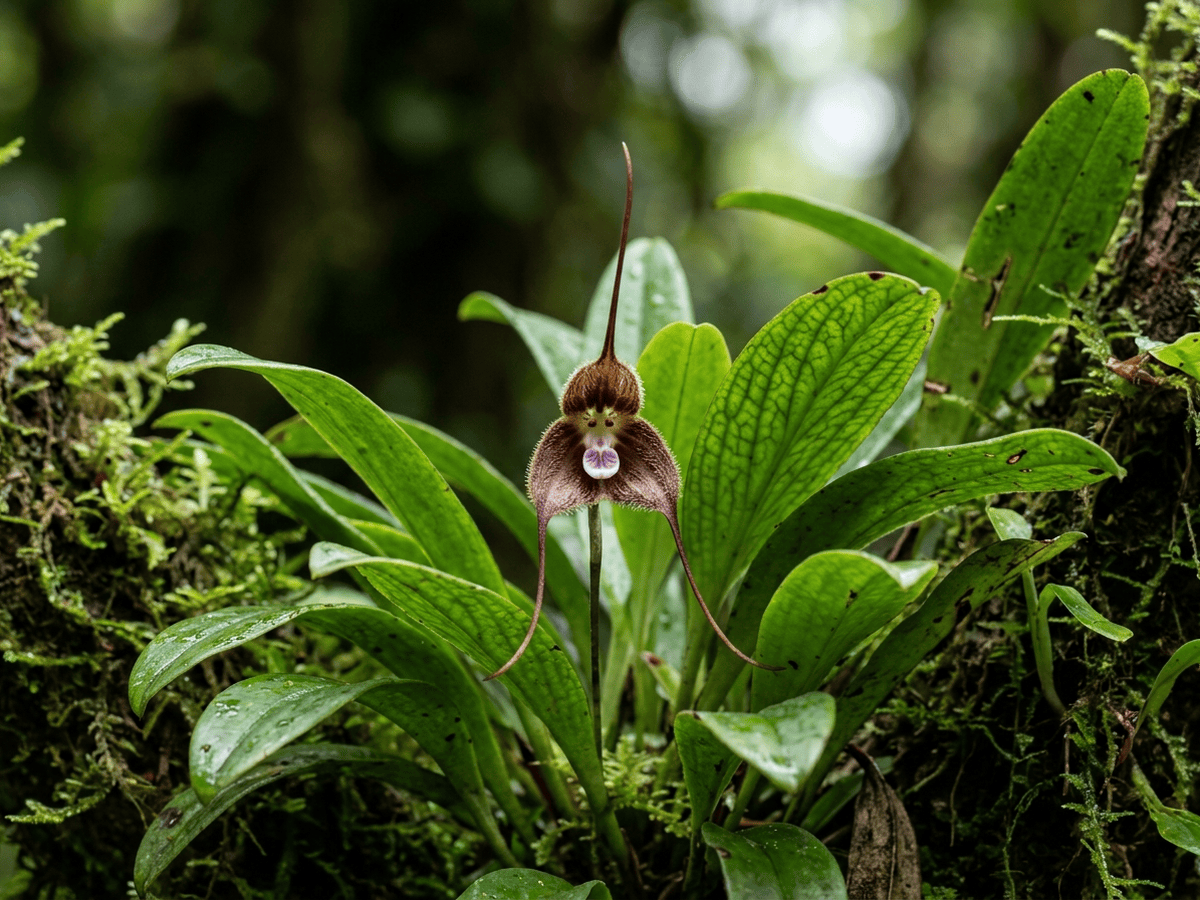Glückliche Drachen-Orchidee — Nahaufnahme von Blättern und Blüten