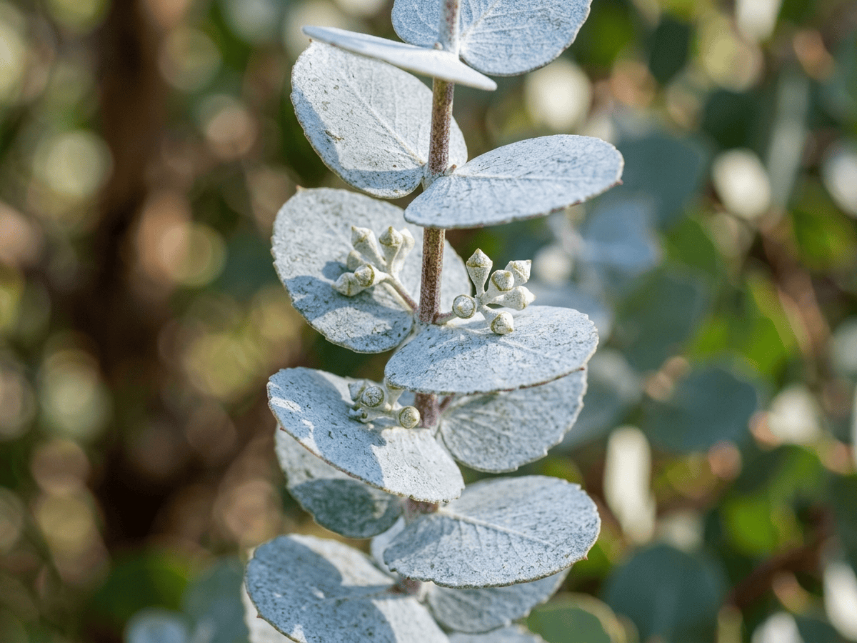 Silver-leaved Mountain Gum — close-up of leaves and flowers