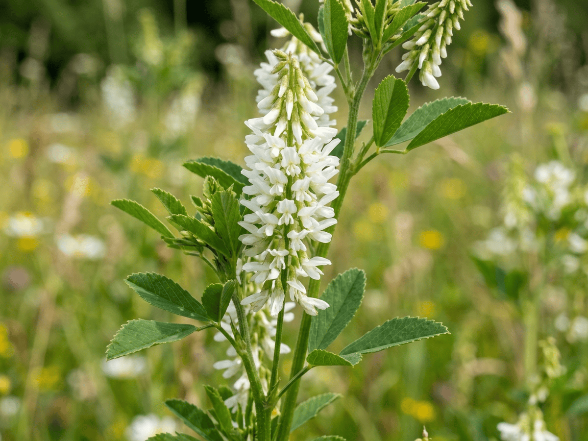 Mélilot blanc — gros plan sur feuilles et fleurs