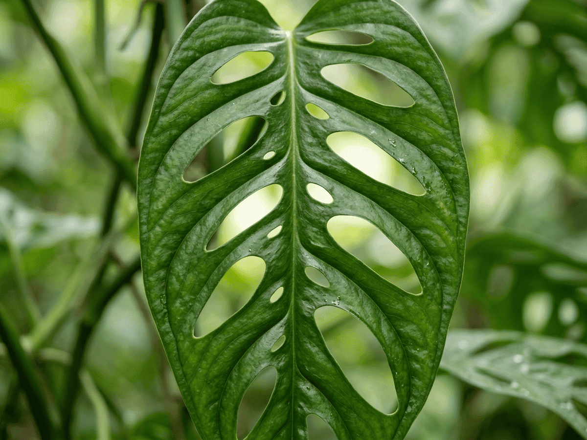 Monstera Adansonii — Nahaufnahme von Blättern und Blüten