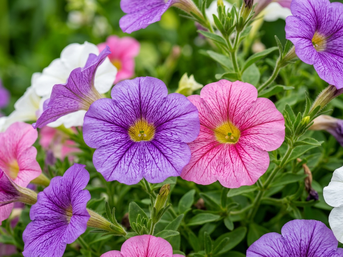 Petunia híbrida — primer plano de hojas y flores