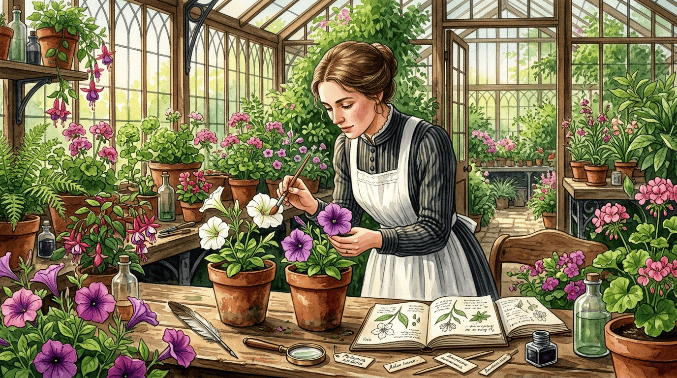 Escena histórica ilustrada de Petunia híbrida