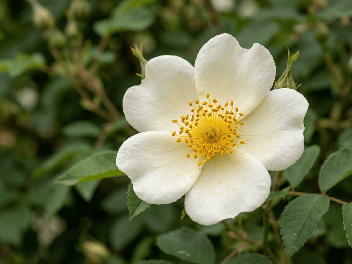Moschus-Rose — Nahaufnahme von Blättern und Blüten