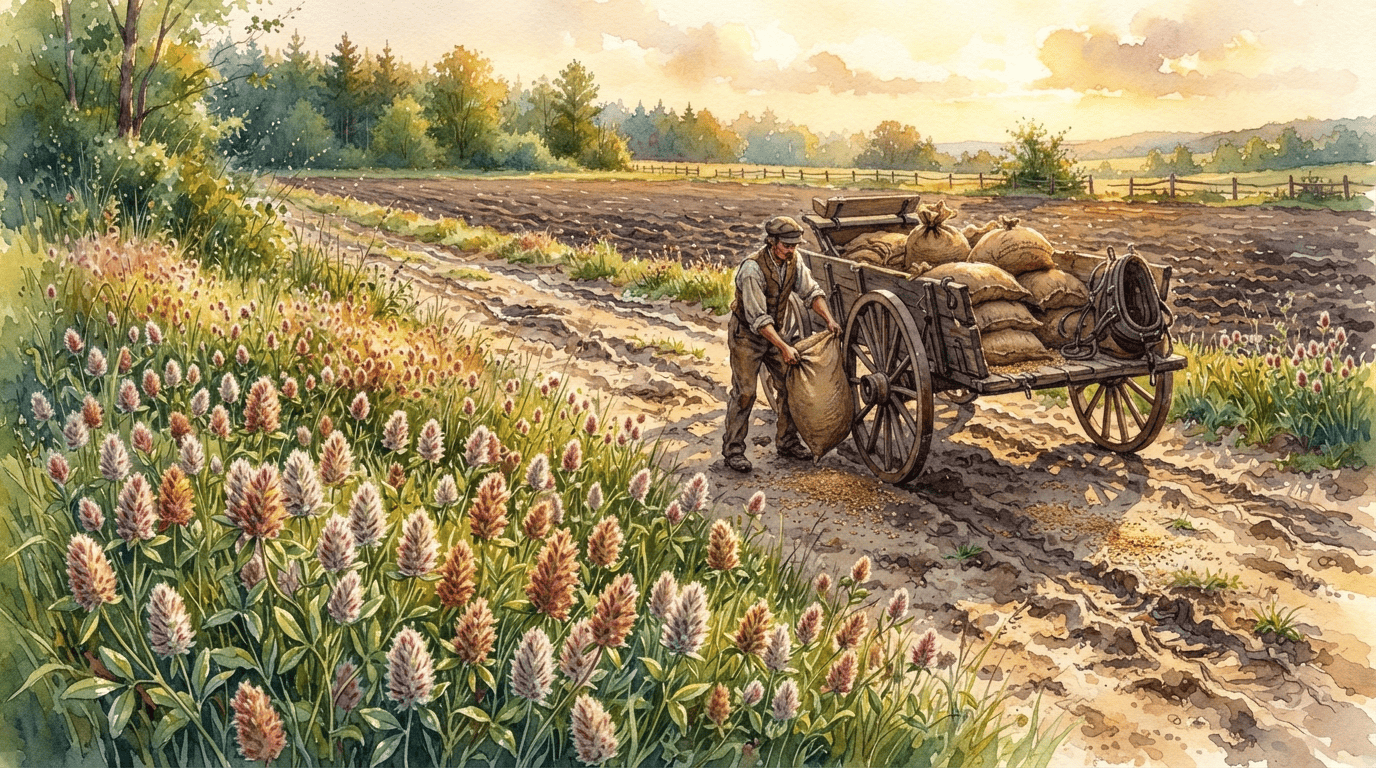 Escena histórica ilustrada de Trébol pie de liebre