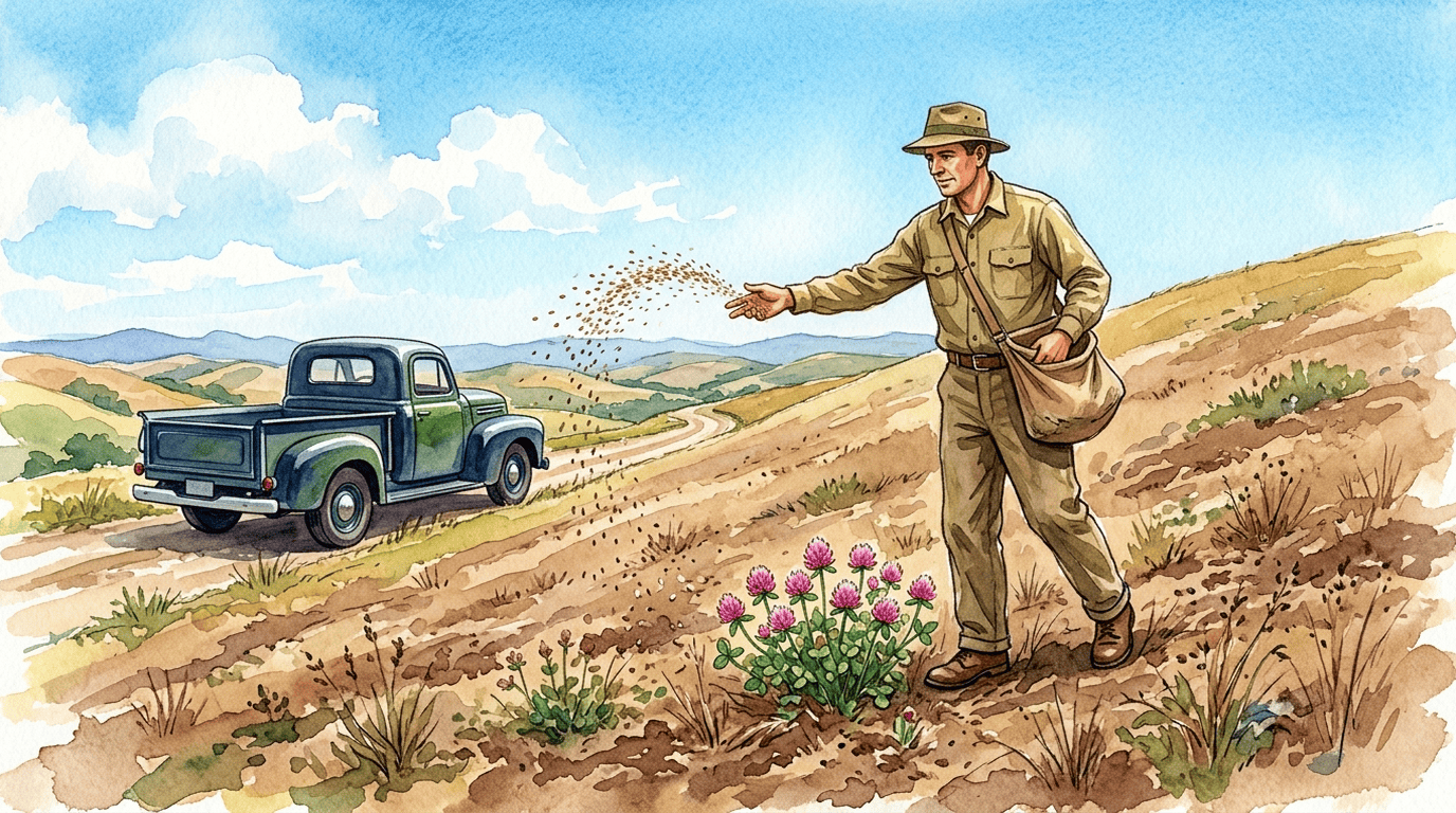 Escena histórica ilustrada de Trébol Rosado