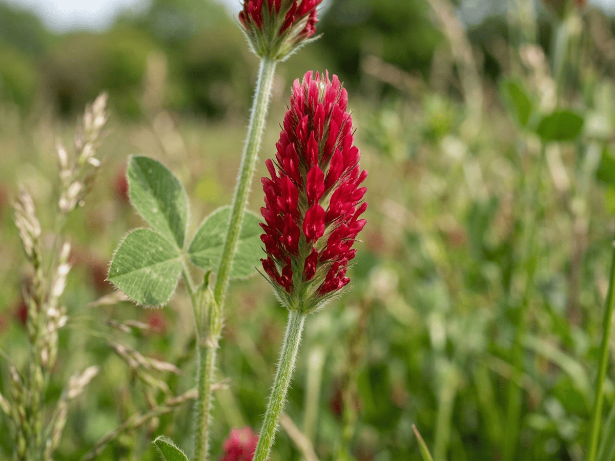 Inkarnatklee — Nahaufnahme von Blättern und Blüten