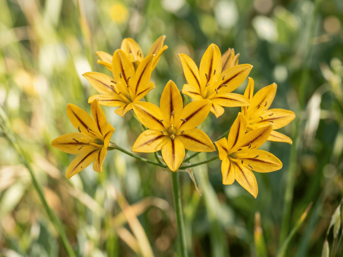 Triteleia Amarilla — primer plano de hojas y flores