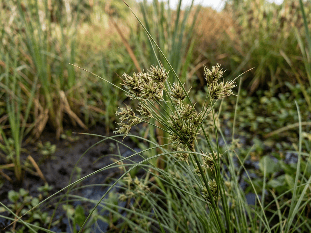 Herbst-Fimbristylis — Nahaufnahme von Blättern und Blüten