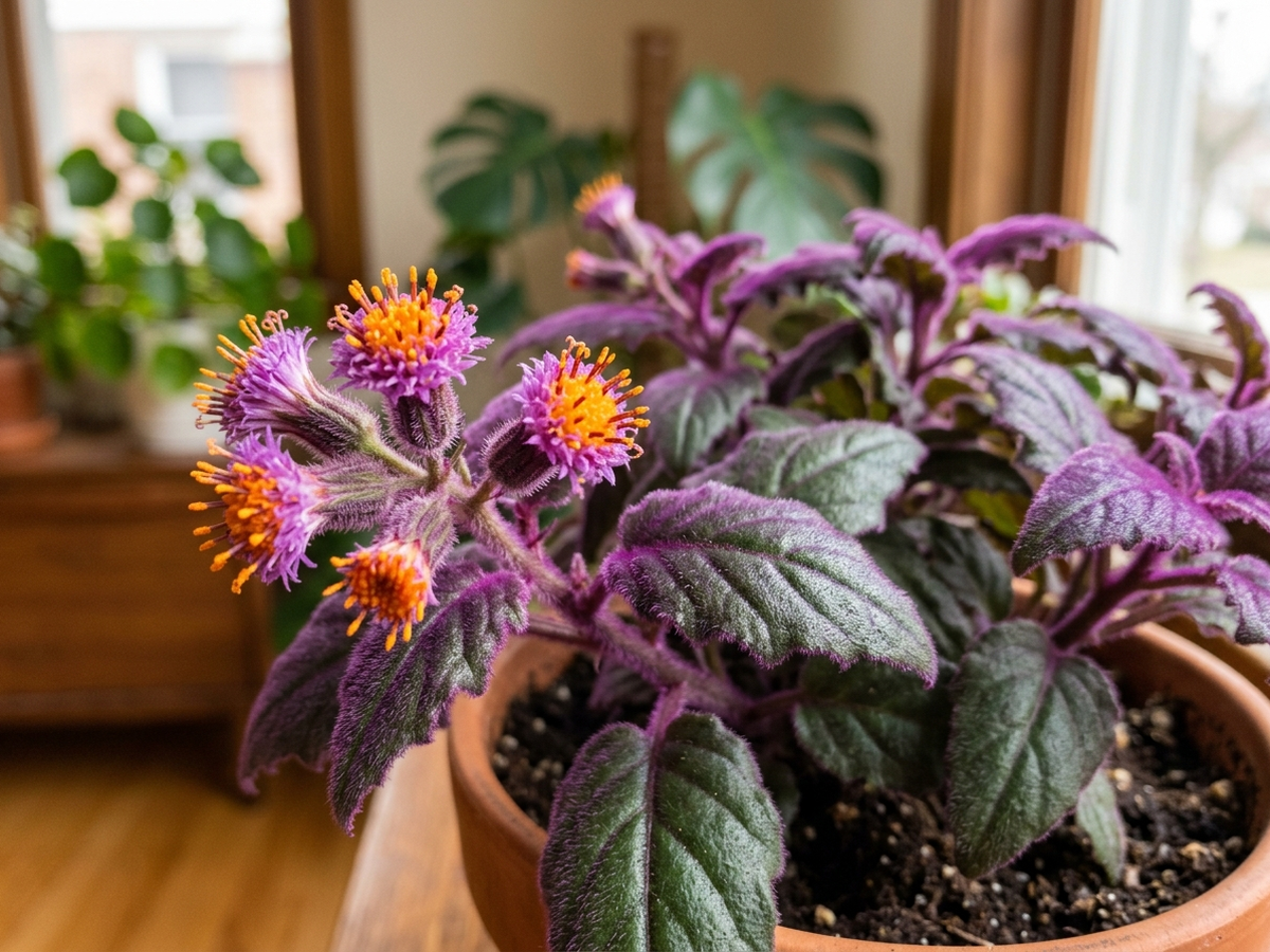Purple Velvet Plant — close-up of leaves and flowers