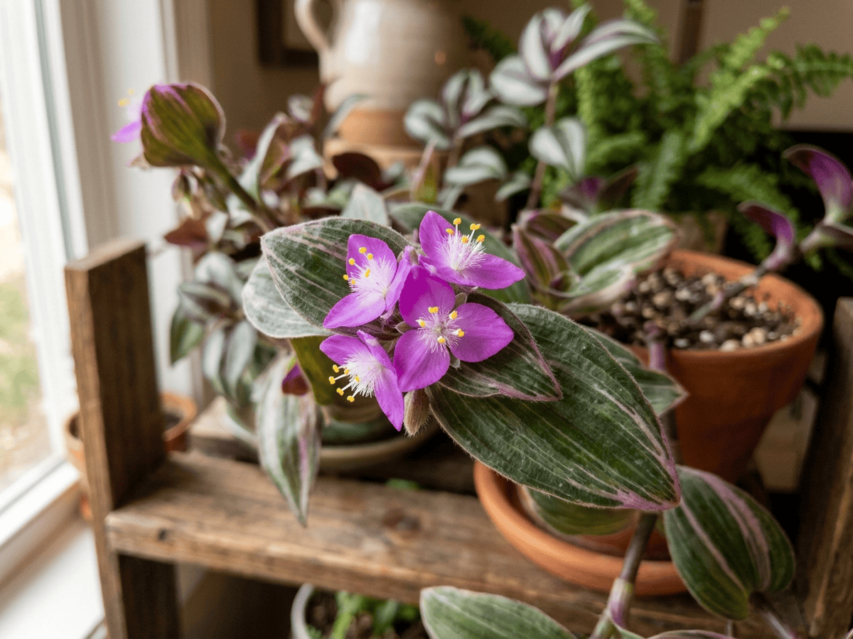 Dreimasterblume — Nahaufnahme von Blättern und Blüten