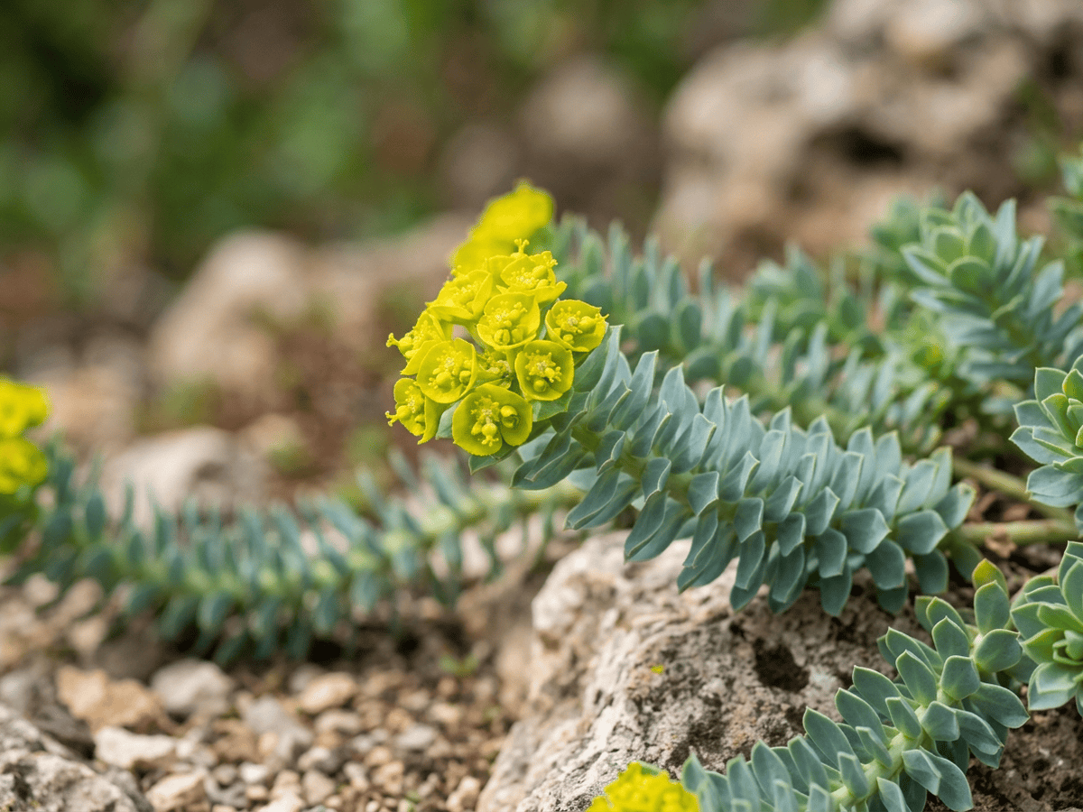 Euforbia mirsinites — primer plano de hojas y flores