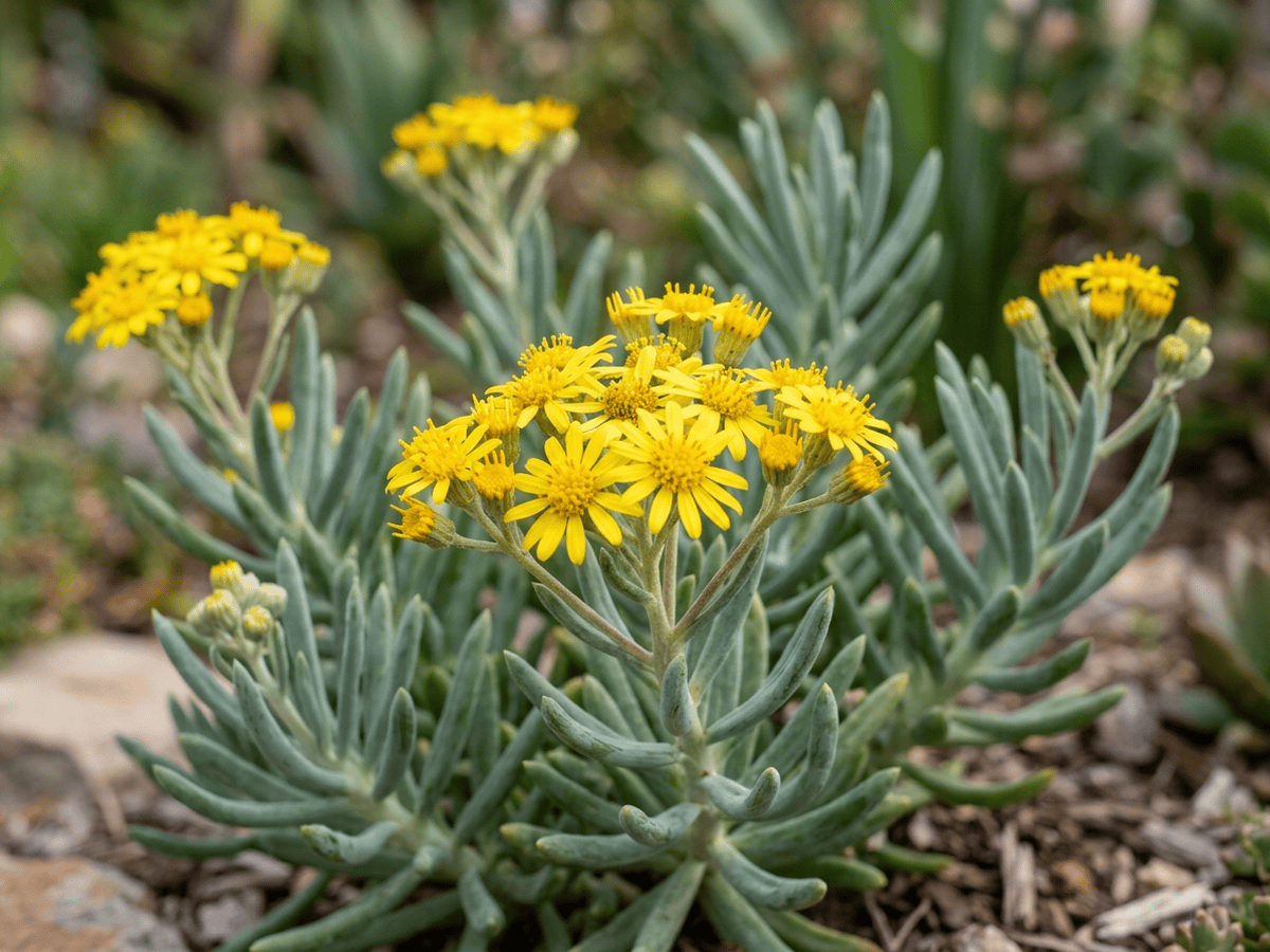 Senecio — Nahaufnahme von Blättern und Blüten