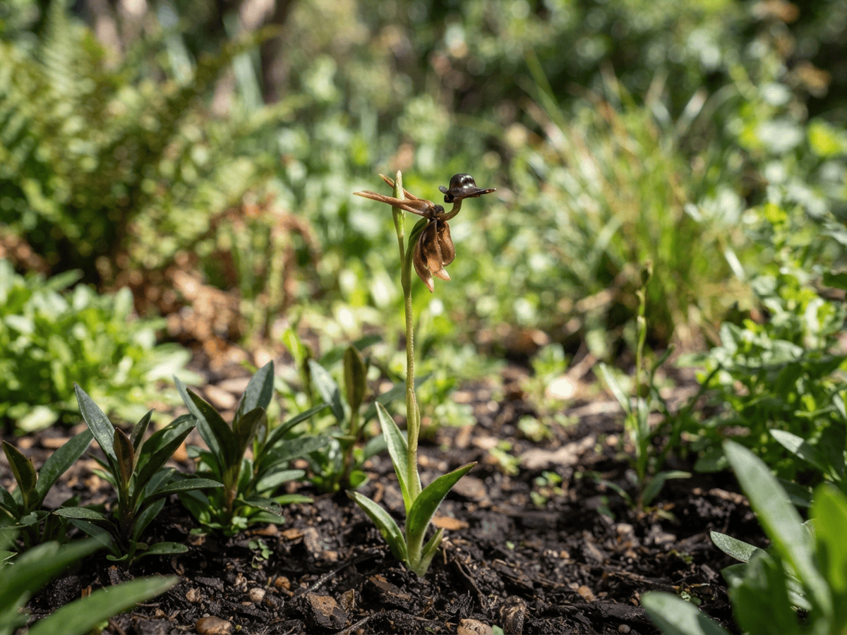 Flying Duck Orchid (Caleana major), whole plant