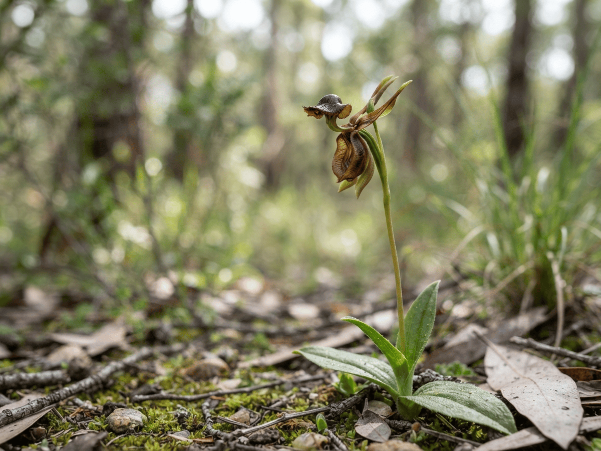 Flying Duck Orchid — close-up of leaves and flowers