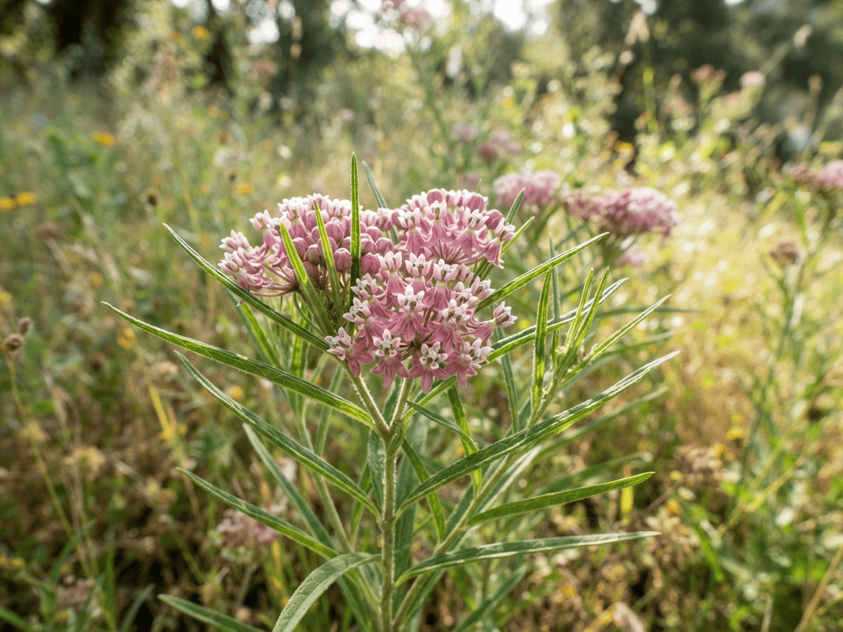 Schmalblättrige Seidenpflanze — Nahaufnahme von Blättern und Blüten