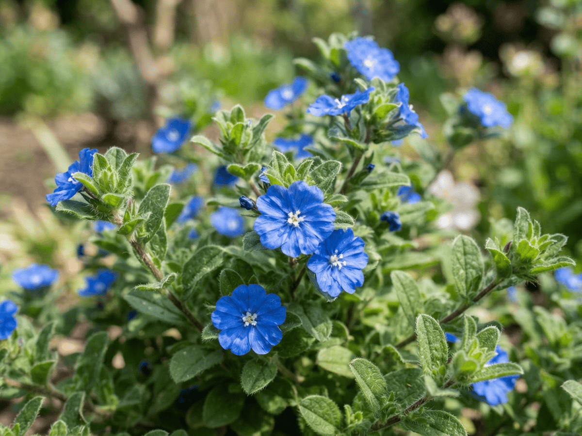 Evolvulus — Nahaufnahme von Blättern und Blüten